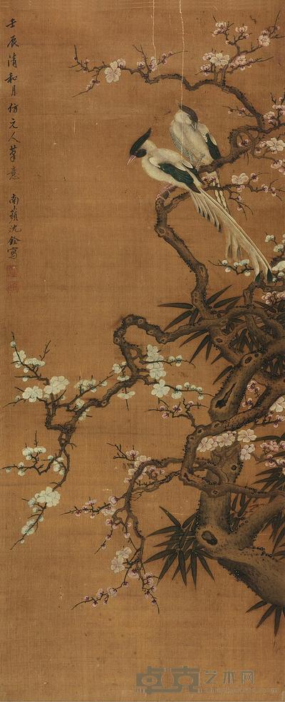 沈铨 （款） 1712年作 花鸟 镜心 109×45cm