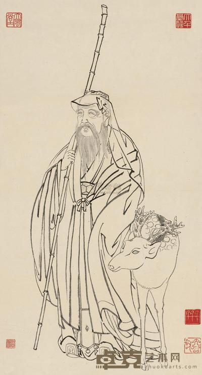 白描工笔拄筇高士图 