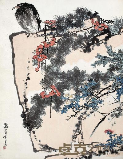 鹰石山花图