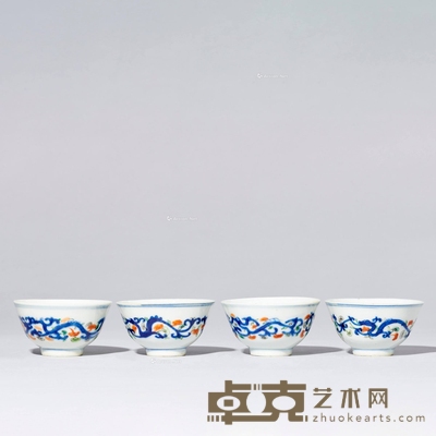 青花粉彩缠枝花卉杯一组四只