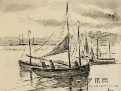 炭笔画作《海上船只》 