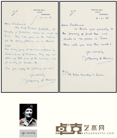 “二战英国陆军元帅”伯纳德·蒙哥马利(Bernard Montgomery)亲笔信2件