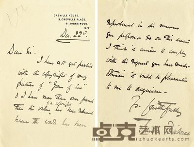 “英国著名拉菲尔派画家”弗兰克·迪科塞尔（Frank Dicksee）亲笔信 