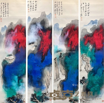 泼彩山水四条屏