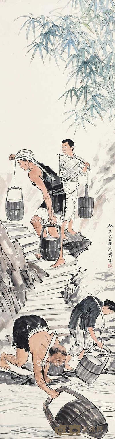 徐悲鸿 （款） 巴人汲水图 立轴 180×47cm