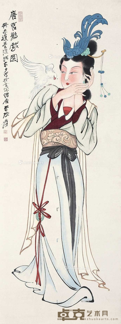 张大千 （款） 唐宫鹦戏图 立轴 135×51cm