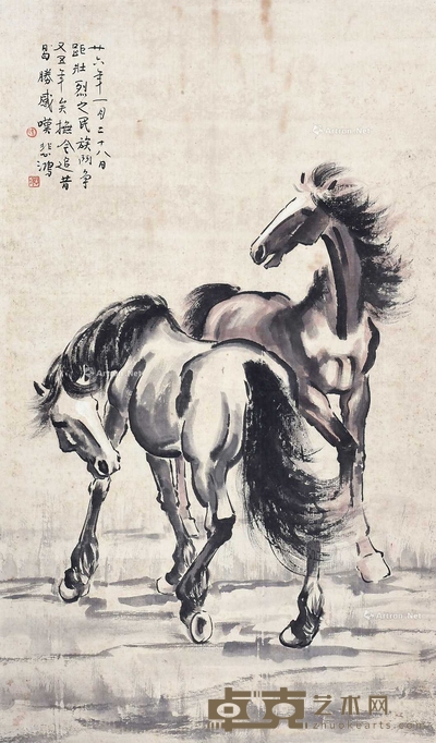 徐悲鸿 (款) 双骏图 立轴 100×59cm