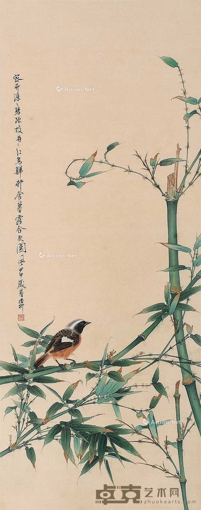 谢稚柳 （款） 竹雀图 立轴 100×40cm