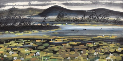 林风眠 (款) 荷塘 镜片 66×134cm