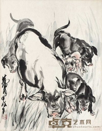 黄胄 (款) 猪戏图 立轴 59×46cm