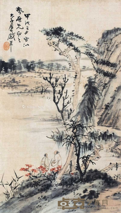 张大千 (款) 山水人物 立轴 32×18cm