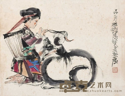 程十发 (款) 少女与羊 立轴 36×46cm
