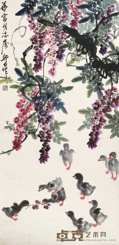 娄师白 （款） 紫藤小鸭 立轴 118×57cm