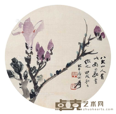 张大千 (款) 花卉圆光 立轴 直径25cm