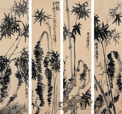 蒲华 （款） 竹石四屏 立轴 130×32cm×4