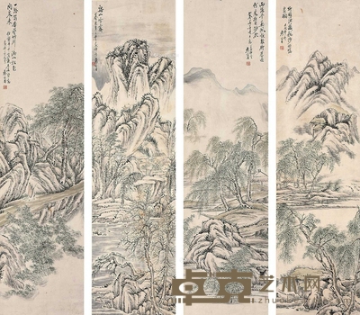 袁培基 （款） 四季山水 立轴 150×40cm×4