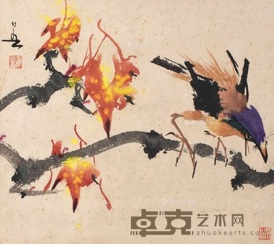 黄幻吾 （款） 花鸟 镜片 28×31cm