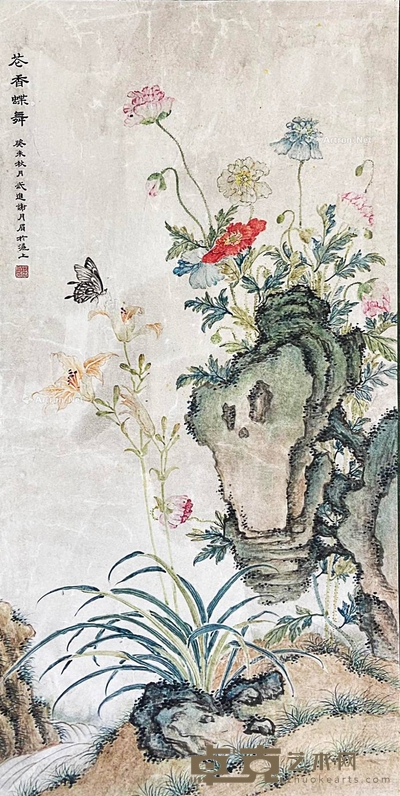 谢月眉 款 苍香碟舞 绫裱立轴 47×95cm