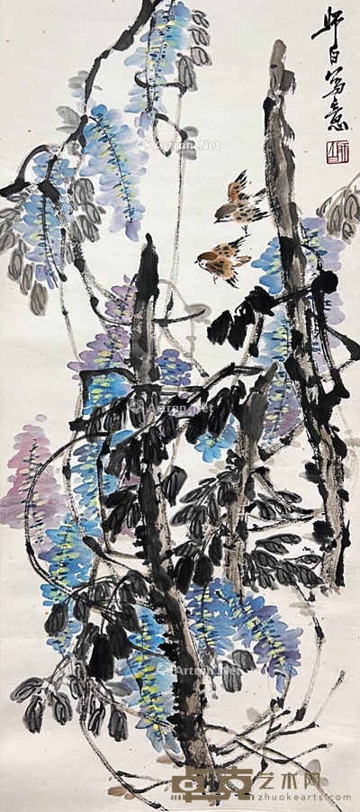 娄师白 款 花卉麻雀 立轴 画芯78×34cm