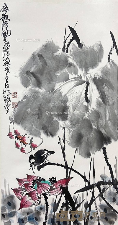 崔如琢 款 荷花翠鸟 立轴 画芯95×52cm