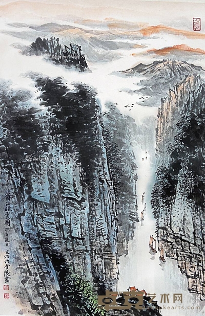 宋文治 款 蜀江晓云图 立轴 画芯69×45cm