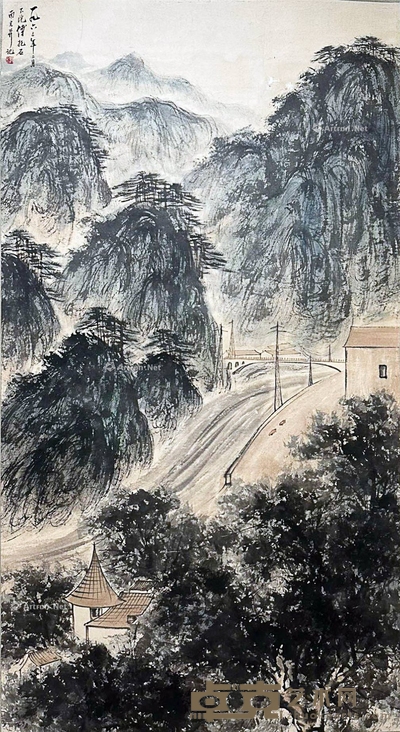 傅抱石 款 山水 画轴 画心94×176cm