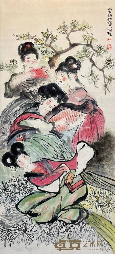 程十发款 人物 绫裱立轴 画心97×43cm装裱180×51cm