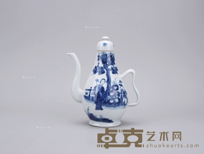 清 青花人物茶壶 高18cm；把倒流15cm