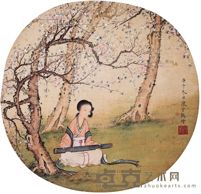 陈少梅 抚琴图 镜片 23×22cm