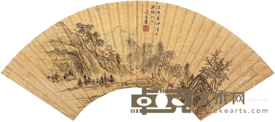 许友 柳荫山居 红金扇面 16×49cm