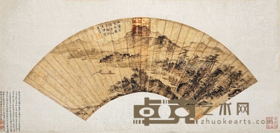 吴殳 秋江泛舟图 红金扇面 16×50cm