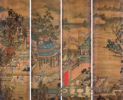 佚名 汉宫春晓图四屏 镜框 188×56cm×4
