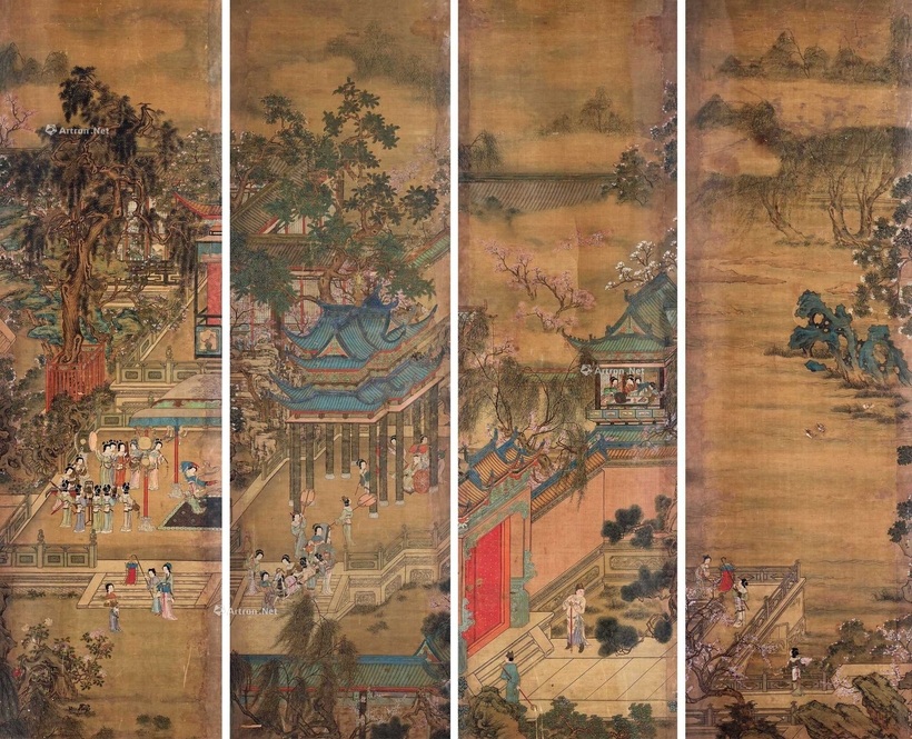 佚名 汉宫春晓图四屏 镜框