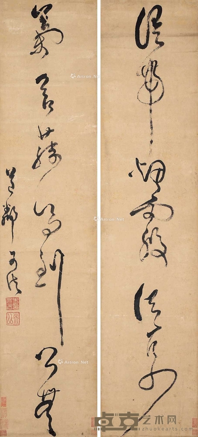 史可法 草书七言联 立轴 118×26cm×2