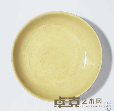 清康熙 黄釉暗刻龙纹盘 直径17.5cm