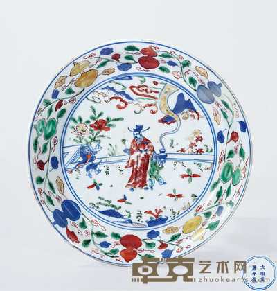 明万历 青花五彩缠枝福禄加官进爵纹盘 直径19.4cm