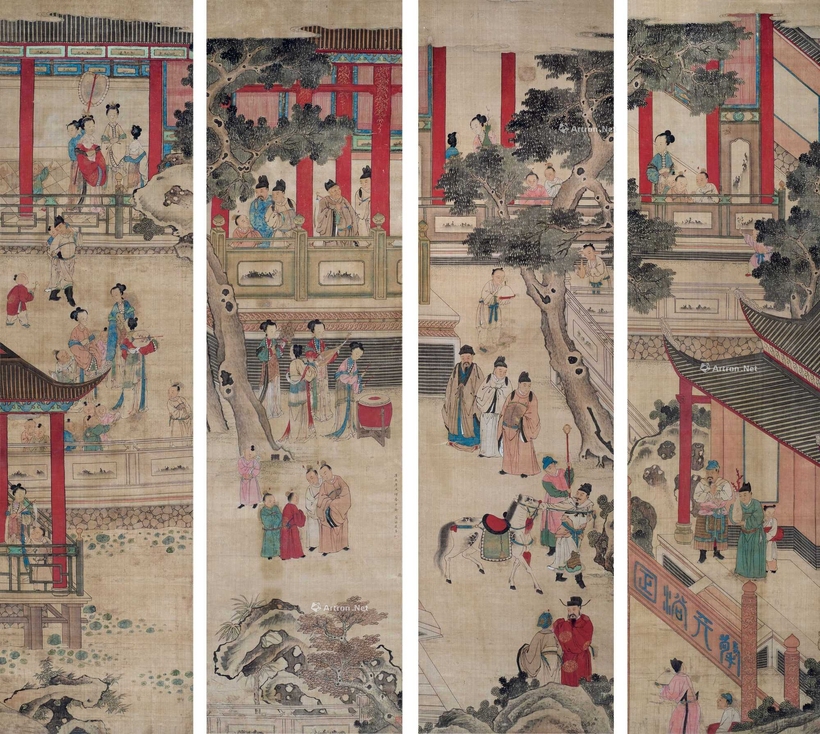 梁亯 1670年作 国画四条屏 镜片