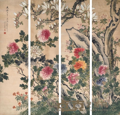 王銮 1880年作 牡丹四条屏 立轴 134×34.5cm×4