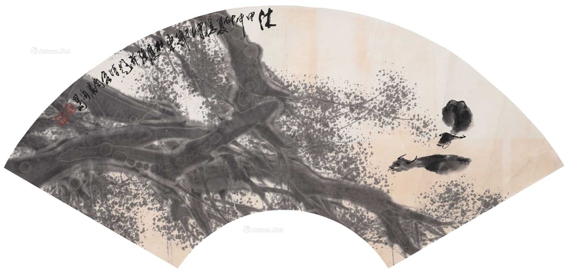 杜应强 双牛图 扇面
