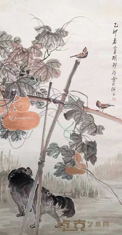 胡琰卿 1915年作 福禄图 立轴 128×62cm