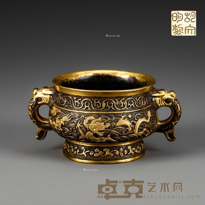 胡文明 铜鎏金海水龙纹香炉 W:16cm H:8cm