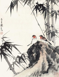 刘旦宅 竹石双鸟 镜片
