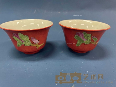 晚清 矾红地粉彩描金茶碗 （一对） 口径10.5cm×2