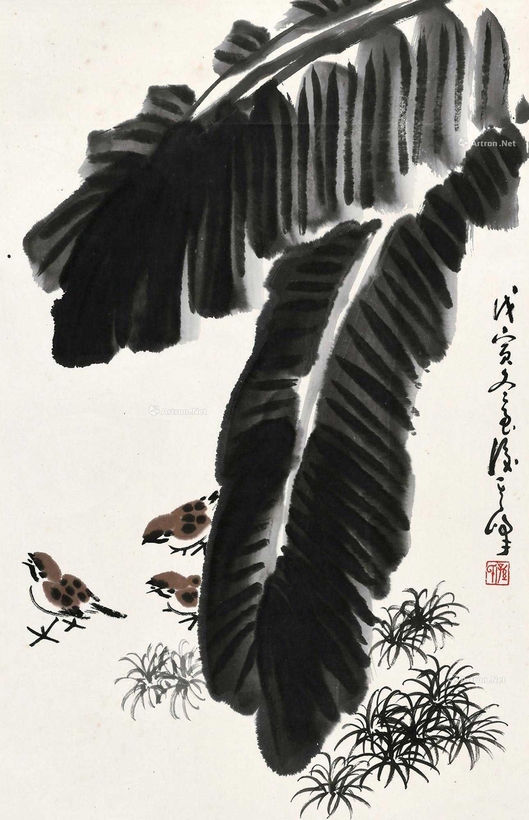 孙其峰 戊寅（1998年）作 蕉阴鸣雀 立轴