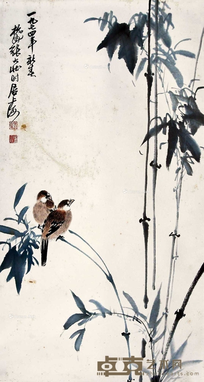 张大壮 竹荫双禽图 立轴 87×46cm
