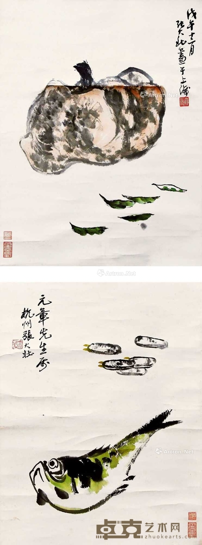 张大壮 花卉、鱼双挖 立轴 54×38cm×2