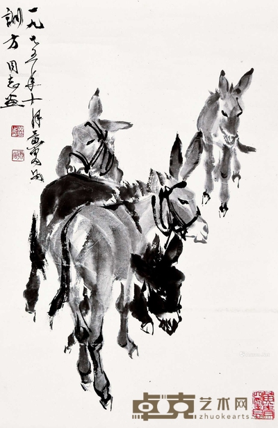 黄胄 三驴图 立轴 66×42cm
