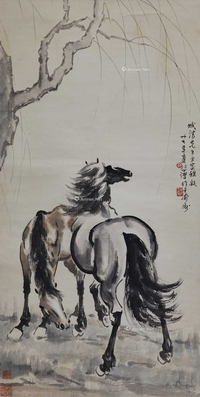 徐悲鸿 1927年 柳荫双骏 立轴