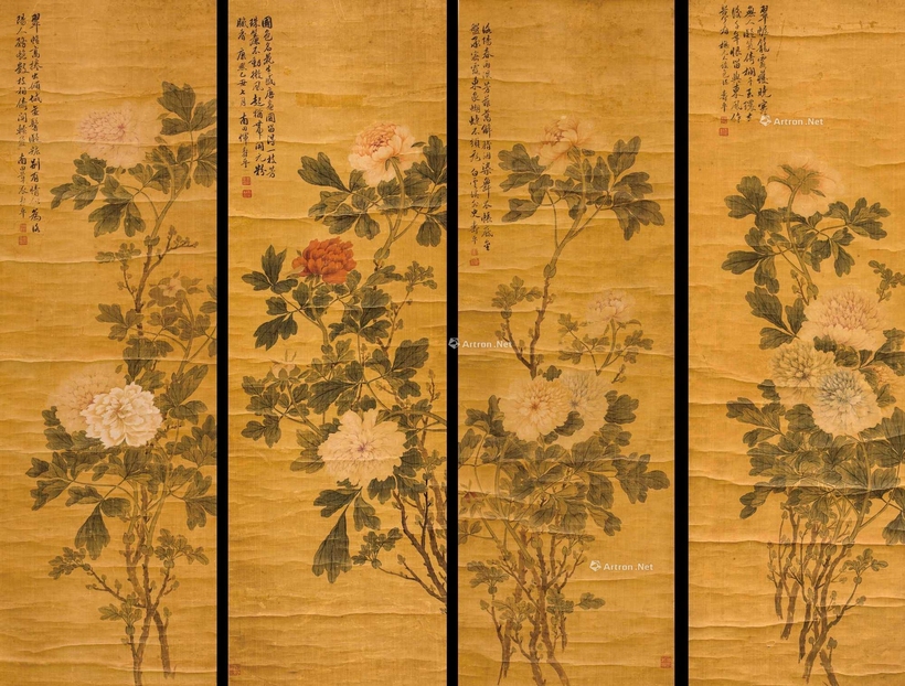 恽寿平 牡丹四屏 条屏