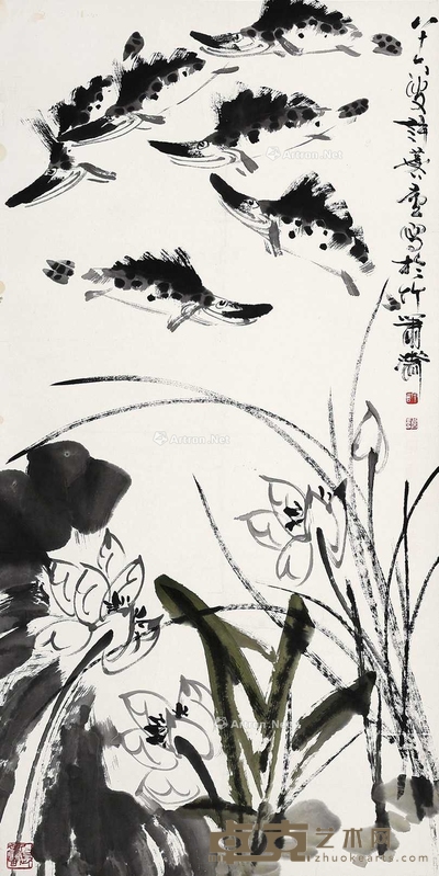许麟庐 鱼荷图 137×69cm